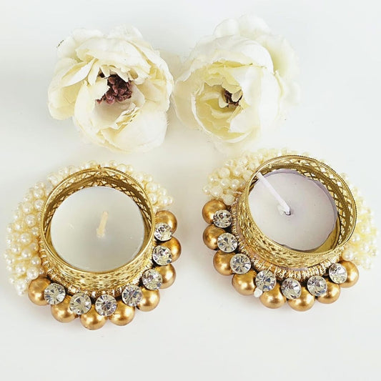 White & Golden Beads T Lights Pair