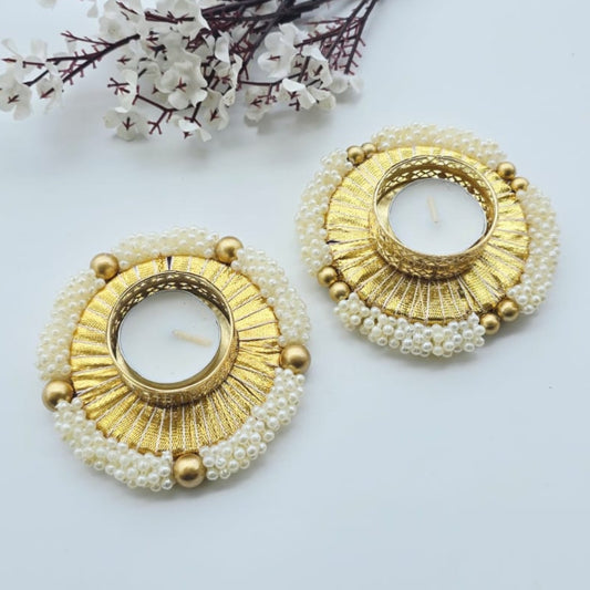 White Beads T lights Pair